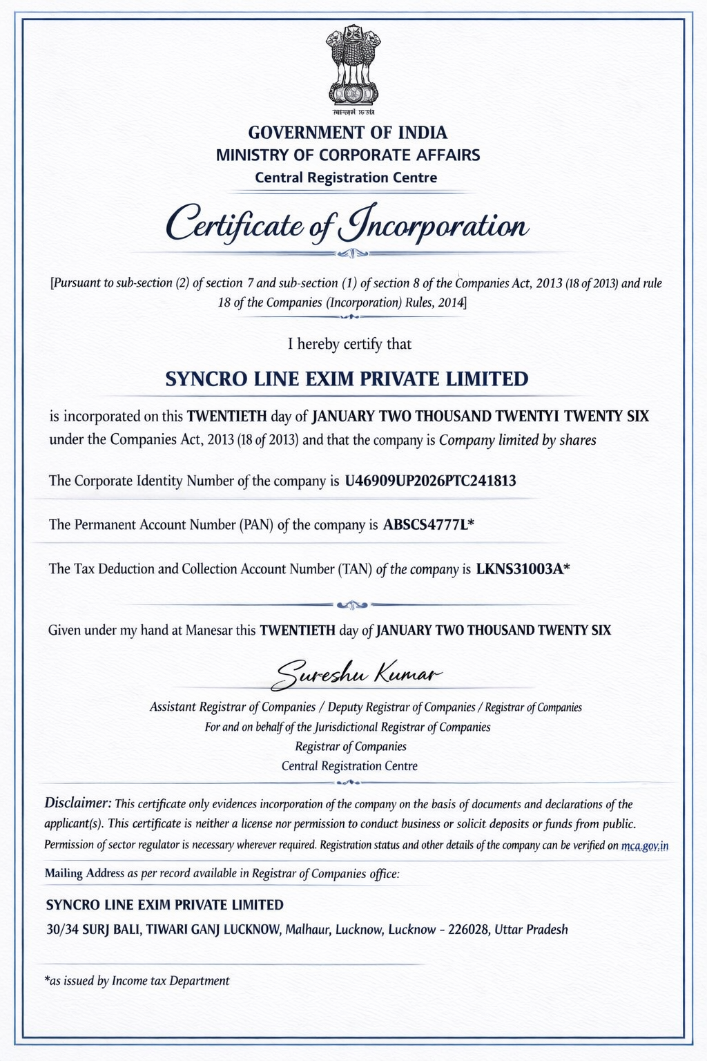 Governance and compliance certificate